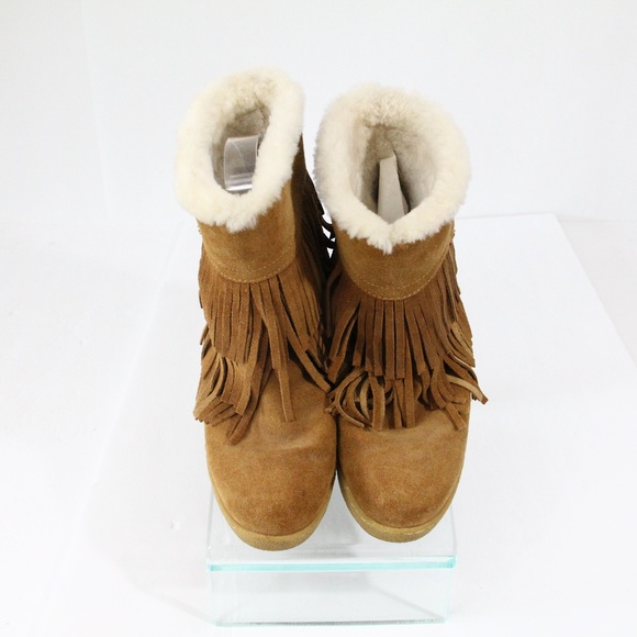 Tory Burch Boots Women Collins Moccasin Bootie sz 6 Shearling lined Fringe - Picture 5 of 11